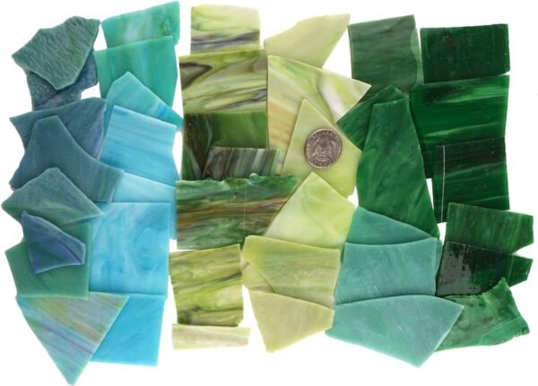 Green Mixed Stained Glass Scrap Pieces Sheets, Glass Mosaic Tiles for Art Crafts, 35oz Value Pack,Assorted Colors and Textures