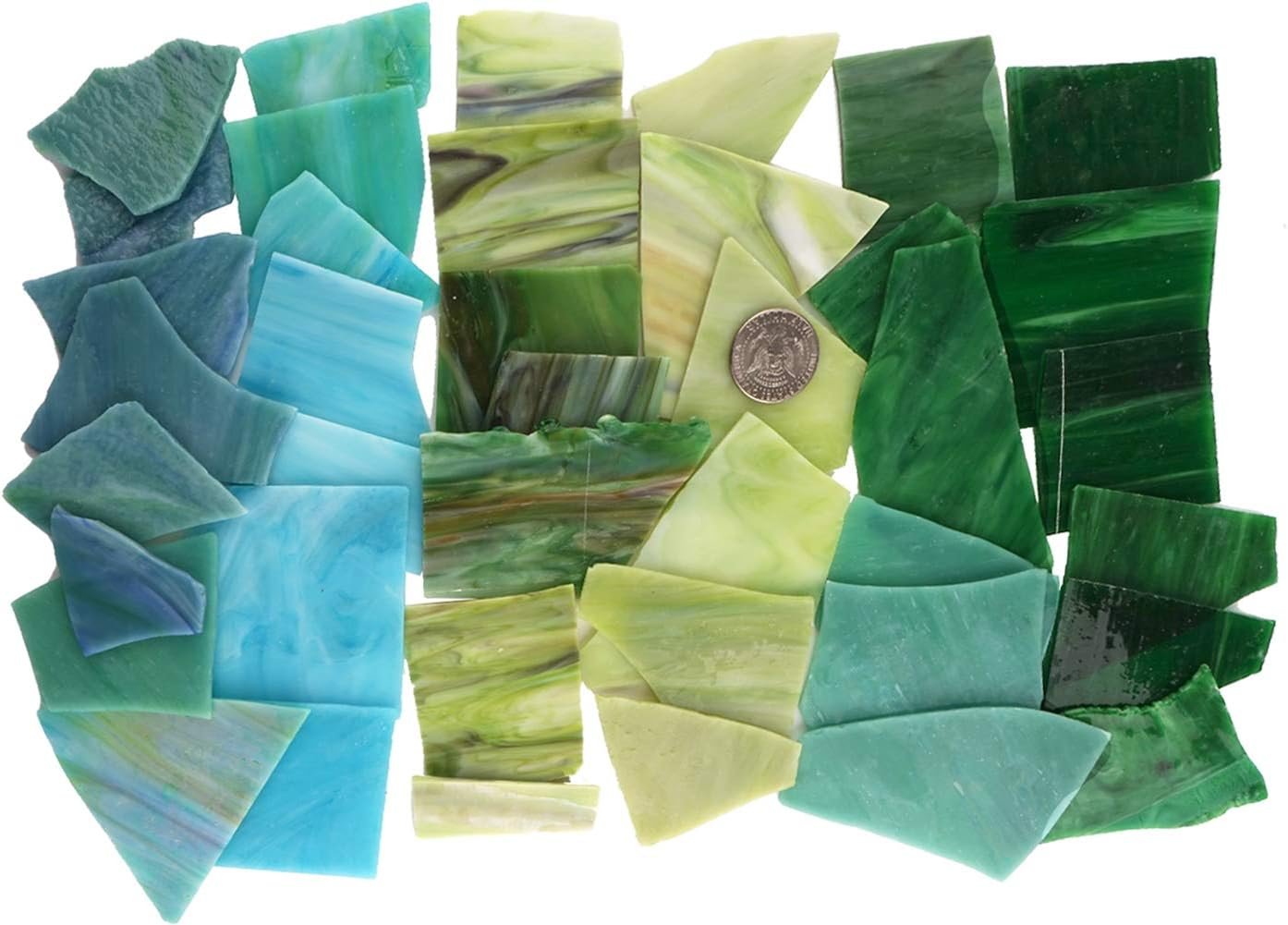 Green Mixed Stained Glass Scrap Pieces Sheets, Glass Mosaic Tiles for Art Crafts, 35oz Value Pack,Assorted Colors and Textures