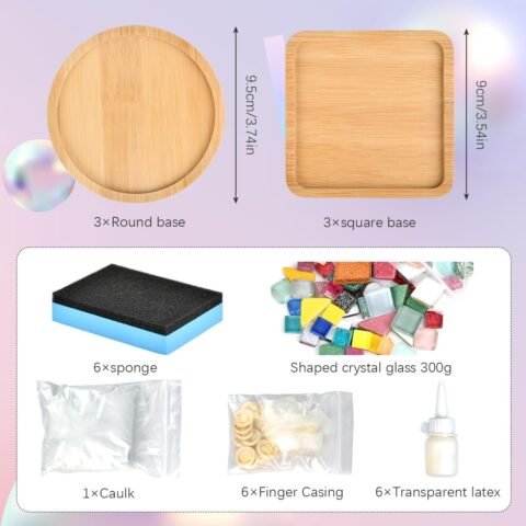 6 Sets DIY Mosaic Coaster Kit - Mixed Color Mosaic Kits with Wooden Coasters for Adults, DIY Glass Mosaic Tiles Handmade Coaster Making Set for Handmade Home Decoration Gift (Round & Square)