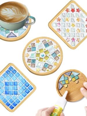 4 Sets DIY Glass Mosaic Tiles for Crafts,Mixed Color Mosaic Kits with Wooden Coaster for Adults,Mosaic Crafts Materials Package for Coaster Handmade Home Decor Gifts