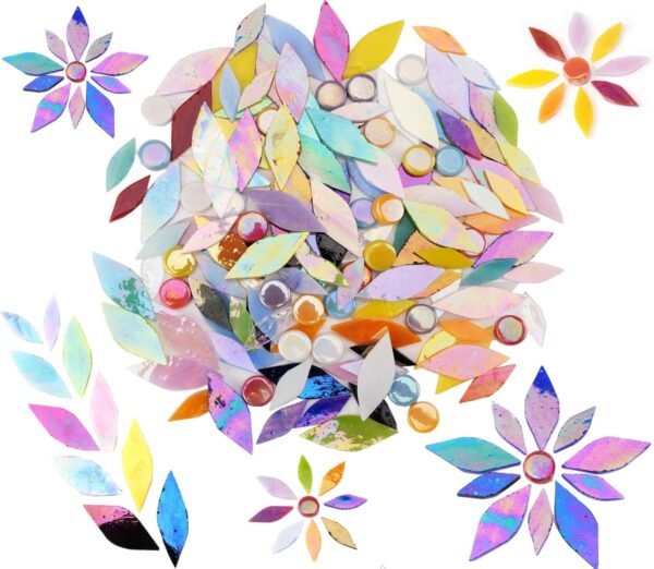Iridescent Petal Mosaic Tiles, Hand-Polished Stained Glass Tile for Flower Designs, Vibrant Glass Mosaic Pieces Assortment for DIY Crafts & Home Decor, 150 Pieces of Tile