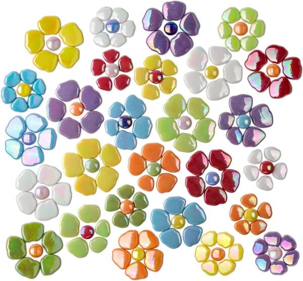 Flower Mosaic Tiles for Crafts Bulk,1LB Iridescent Mosaic Tiles Supplies,Stained Floral Glass Tiles for Garden Decoration,DIY Glass Mosaic Crafts