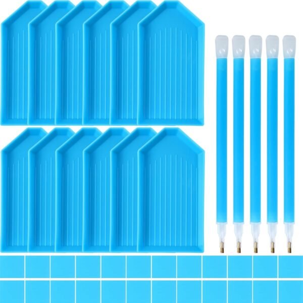 Blue 5D Diamond Art Tools & Accessories - 12-Plastic Trays, 22-Glue Clays, 5-Diamond Pens & DIY Kit Accessories