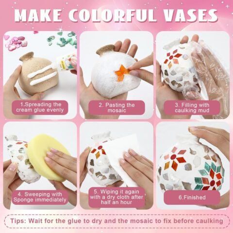 2 Sets DIY Vase Mosaic Painting Kit DIY Mosaic Arts and Craft Kits Mosaic Tiles DIY Crafts with Vase Flower Mosaic Accessories Creativity Handmade Artwork for Adults Home Decoration
