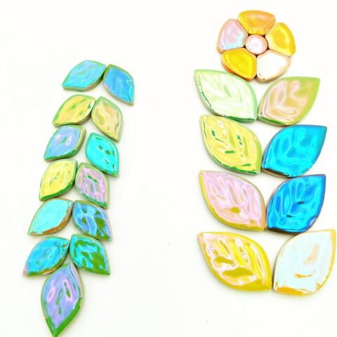 500g/1.1lb Random Color Iridescent Flowers & Leaves Ceramic Mosaic Tiles, DIY Making Creative Mosaic Tiles for DIY Craft Plates Flowerpots Vases Cups Mosaic Making Supplies (Flowers + Leaves)