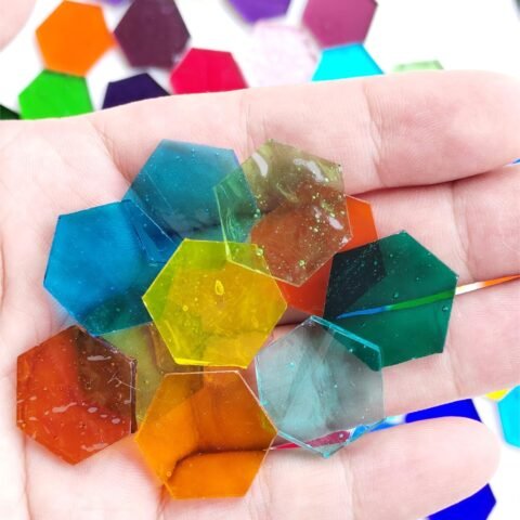 100 pcs Hexagon Transparent Stained Glass Pieces Mosaics Tiles for Crafts Bulk, Hand Precut Mosaic for Stained Glass Bee Honeycombs, Mosaic Kits for Adults