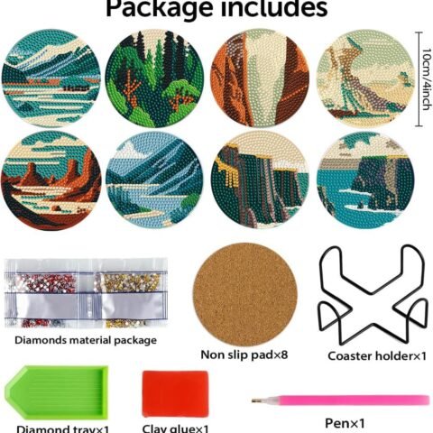 8 Pcs Diamond Art Coasters Kit with Holder Diamond Art Kits for Adults Beginners Small Diamond Painting Coasters Arts and Crafts for Adults Supplies Item Sets (Landscape)