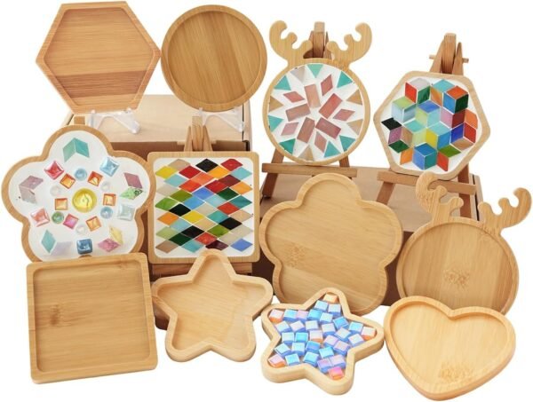 7Pcs Mini Wooden Mosaic Bases Set for DIY Crafts, Lovely Wood Mosaic Coaster Kit for Handcrafted Glass Tile Projects, Unique Wooden Surface for Stained Glass Art and Decoration