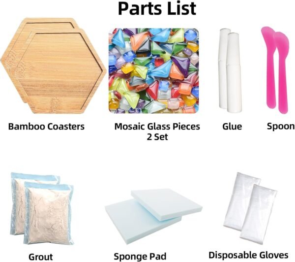 Mosaic Tiles Craft Kits for Adults, 2 Set DIY Mosaic Art Projects Coaster Stained Glass Kit with Bamboo Coaster Craft Gifts for Women Handmade Home Decor Gifts (2 Hexagon)