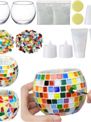 2 Set Glass Mosaic Candle Holder Kit Include Tea Light Holder, Glass Mosaic Tiles DIY Crafts Creativity Handmade Artwork for Adults Home Lighting Decor(Rainbow Theme)