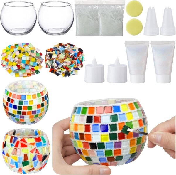 2 Set Glass Mosaic Candle Holder Kit Include Tea Light Holder, Glass Mosaic Tiles DIY Crafts Creativity Handmade Artwork for Adults Home Lighting Decor(Rainbow Theme)