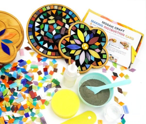 2 Sets of DIY Mosaic Craft Kits Mosaic Tiles Coaster Kit Make Your Own Mosaic Project Handmade Craft Set with Stained Glass Mosaic Tile Pieces for Decoration and Gift