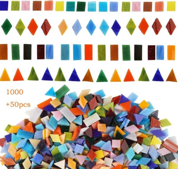 1050 Pieces Mixed Shapes Glass Mosaic Tiles for Crafts, Colorful Stained Glass Pieces for Mosaic Projects