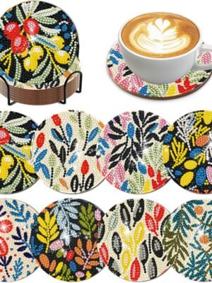 8 Pieces Diamond Painting Coasters with Holder - Diamond Art Coasters with Cork Base for Beginners Adults & Craft Supplies Party Gift
