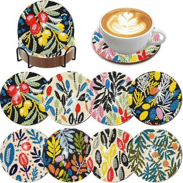 8 Pieces Diamond Painting Coasters with Holder - Diamond Art Coasters with Cork Base for Beginners Adults & Craft Supplies Party Gift