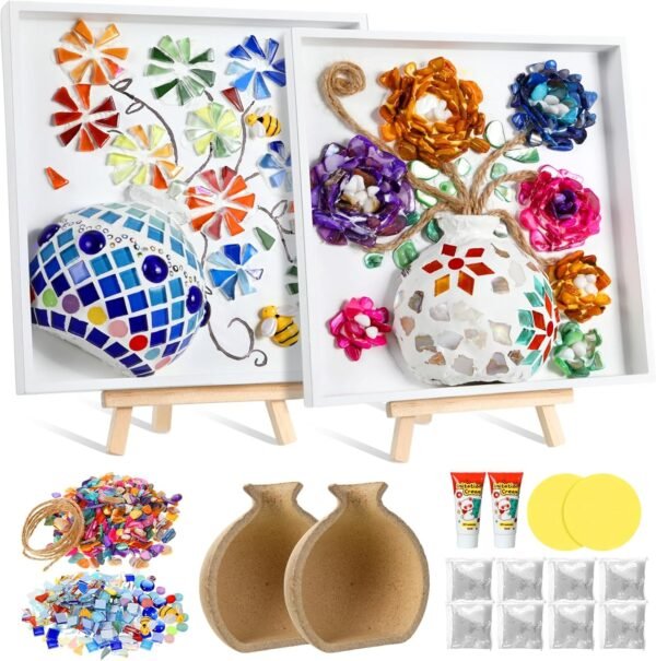 2 Sets DIY Vase Mosaic Painting Kit DIY Mosaic Arts and Craft Kits Mosaic Tiles DIY Crafts with Vase Flower Mosaic Accessories Creativity Handmade Artwork for Adults Home Decoration