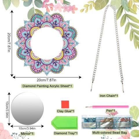 DIY Diamond Painting Mirror for Adults DIY Special Shaped Crystal Diamond Painting Kit Mandala Mirror Makeup Mirror Christmas Halloween Birthday Gifts Art Crafts Home Decor (Pink-Blue)