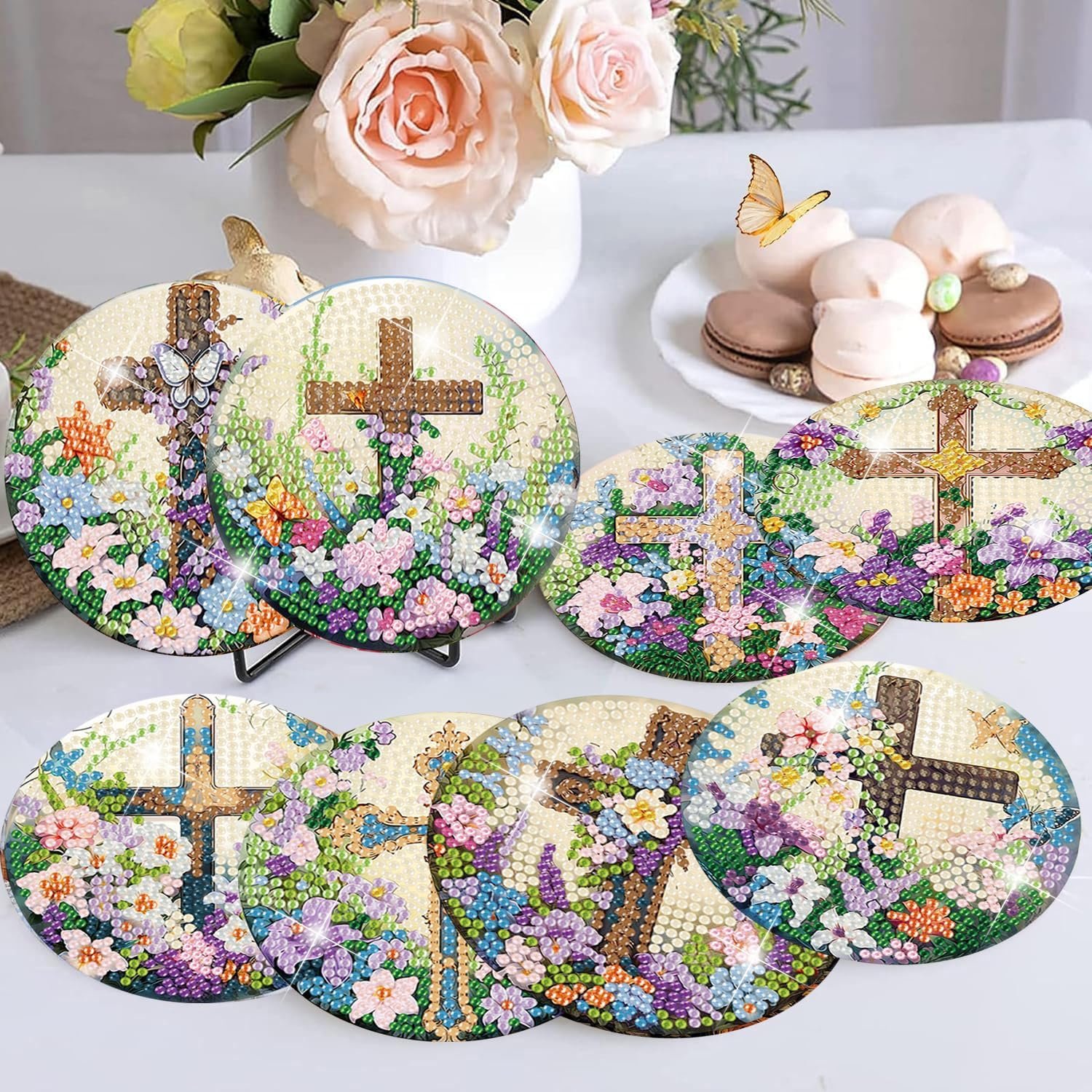 8 Pcs Diamond Art Coasters Kits for Adults - Christ Cross Diamond Painting Coasters Kits for Adults with Holder Cork Pads DIY Religion Diamond Art Dots Painting Coasters Set for Adult Beginners Crafts