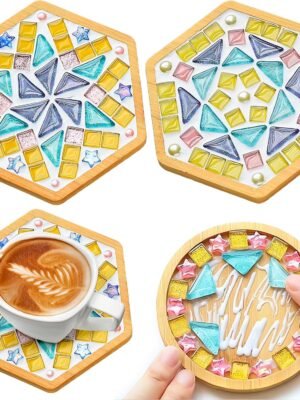 Mosaic Tiles Craft Kits for Adults, 2 Set DIY Mosaic Art Projects Coaster Stained Glass Kit with Bamboo Coaster Craft Gifts for Women Handmade Home Decor Gifts (2 Hexagon)