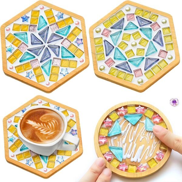Mosaic Tiles Craft Kits for Adults, 2 Set DIY Mosaic Art Projects Coaster Stained Glass Kit with Bamboo Coaster Craft Gifts for Women Handmade Home Decor Gifts (2 Hexagon)