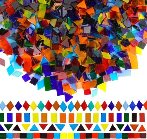 1600 Transparent Cathedral Glass Mosaic Tiles for Arts and Crafts - Mixed Color Stained Glass Pieces, 4 Shapes Mixed