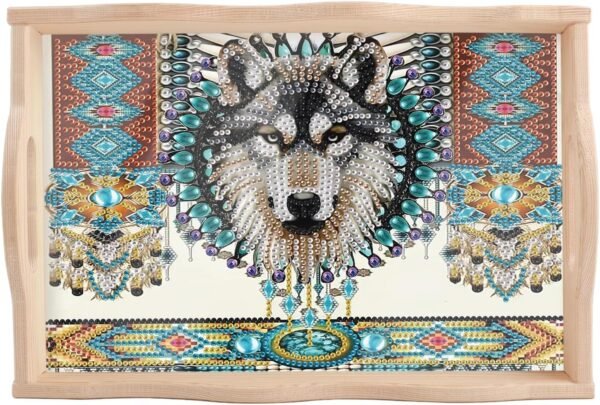 DIY Diamond Art Tray with Handle Diamond Art Painting Plate Creative Design Handmade Wooden Tray Mosaic Making Kits by Number Kits Diamond Art for Coffee Living Room Home Organizer (Dreamcatcher Wolf)