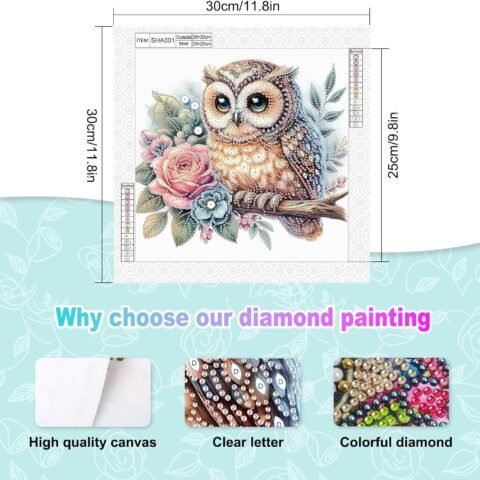 Diamond Art Painting Kit, DIY Owl 5D Diamond Art Painting Special Shape Drills Diamond Art Painting Mosaic Making Craft, Suitable for Home Wall Decor Art Handmade Gift, SHA001