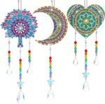 3 Pieces Diamond Art Kits Painting Suncatcher Wind Chime Double Sided Crystal Gem Paint by Number Hanging Ornament for Adults DIY Window Home Garden(Moon, Heart, Mandala)
