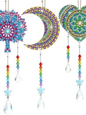 3 Pieces Diamond Art Kits Painting Suncatcher Wind Chime Double Sided Crystal Gem Paint by Number Hanging Ornament for Adults DIY Window Home Garden(Moon, Heart, Mandala)