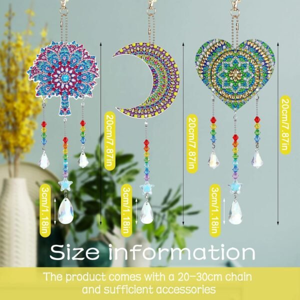 3 Pieces Diamond Art Kits Painting Suncatcher Wind Chime Double Sided Crystal Gem Paint by Number Hanging Ornament for Adults DIY Window Home Garden(Moon, Heart, Mandala)