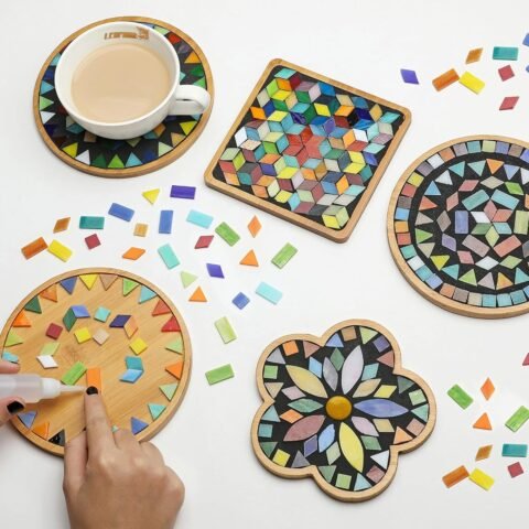 2 Sets of DIY Mosaic Craft Kits Mosaic Tiles Coaster Kit Make Your Own Mosaic Project Handmade Craft Set with Stained Glass Mosaic Tile Pieces for Decoration and Gift