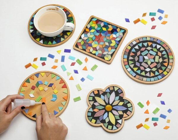 2 Sets of DIY Mosaic Craft Kits Mosaic Tiles Coaster Kit Make Your Own Mosaic Project Handmade Craft Set with Stained Glass Mosaic Tile Pieces for Decoration and Gift