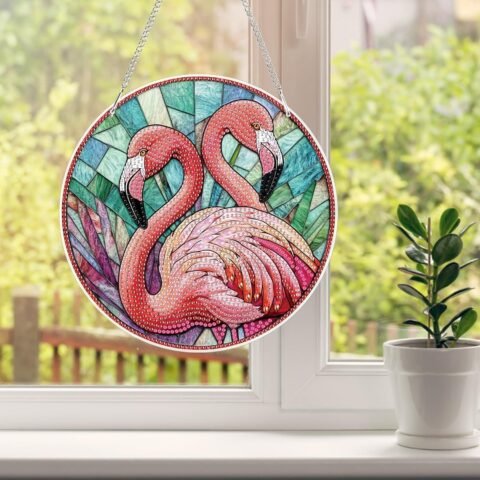 Flamingo Hanging Diamond Art Kits for Adults, Special Shaped Crystal Diamond Painting Ornament Kit, DIY Double-Sided Pattern Window Pendant Gem Art Kit for Home Wall Decor 8.3x8.3inch