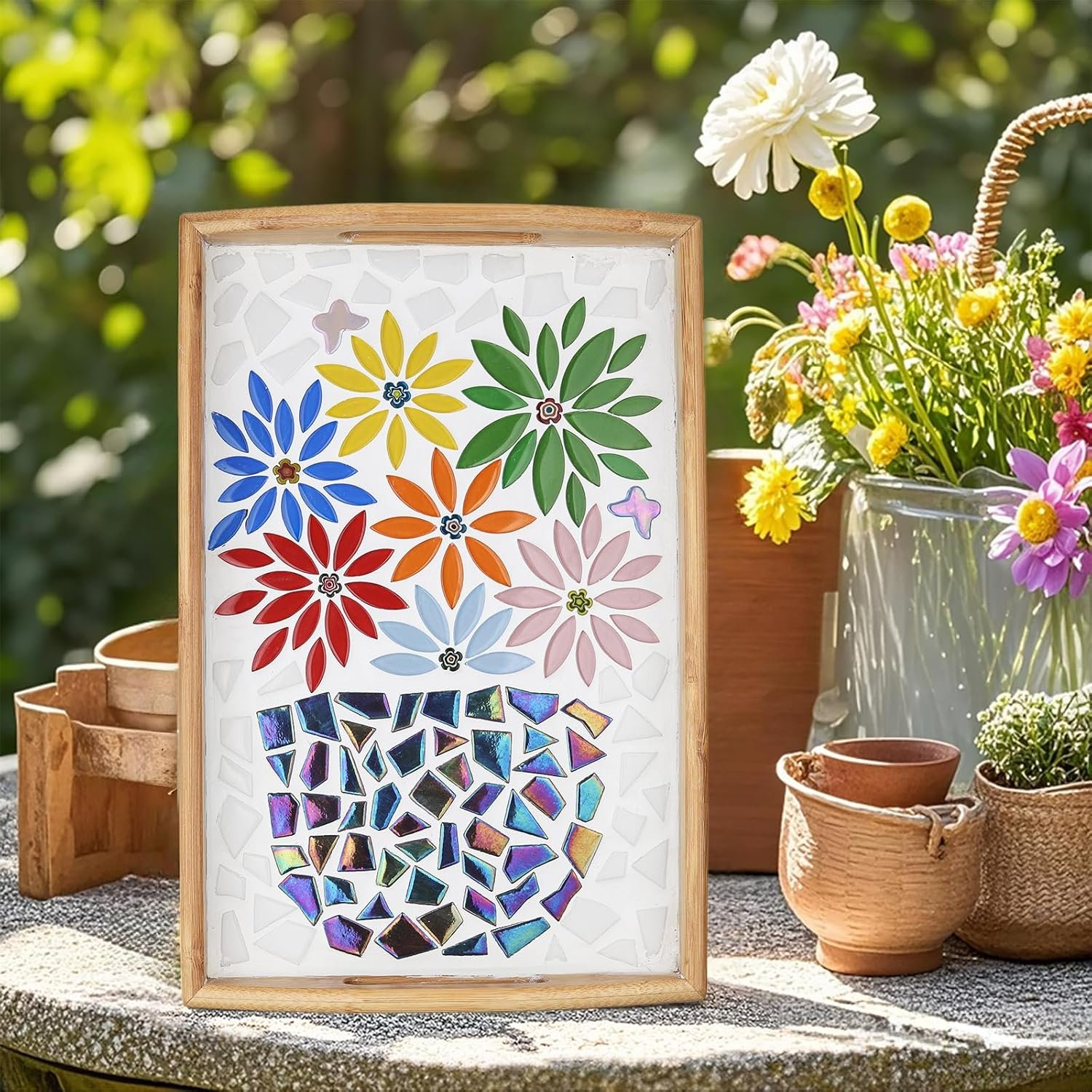 Green Leaf Mosaic Tiles for Crafts Bulk,200g Petal Mosaic Glass Pieces,Flower Glass Tiles for DIY Garden Mosaic Making