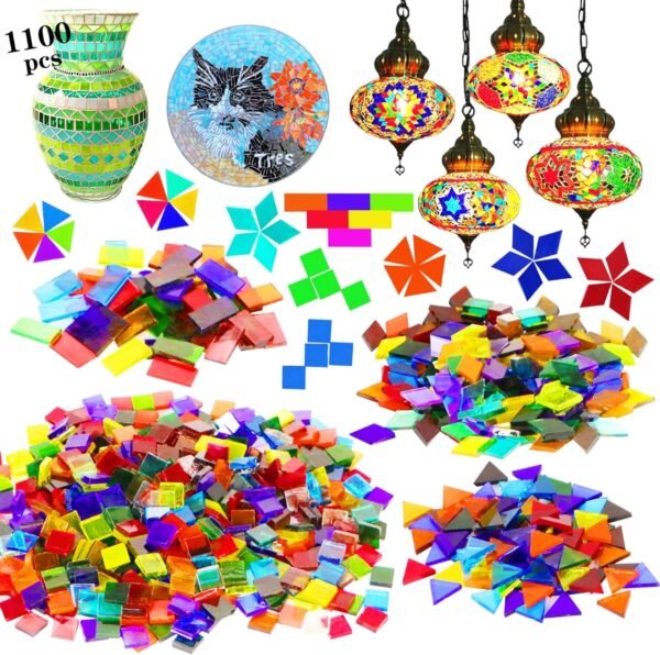 1100 Pcs Mosaic Tiles, Glass Mosaic Tiles for Crafts Bulk, Stained Mosaic Glass Pieces, Mosaic Supplies for Home Decoration, Art Crafts, DIY Projects, Transparent (Mixed Shape)