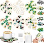 6 Sets DIY Leaves Glass Mosaic Tiles with 6 Sets Leaves Wooden Coasters Making Mosaic Crafts Materials Package Mixed Stained Glass Kit for Handmade Colourful Home Gifts Indoor Decor