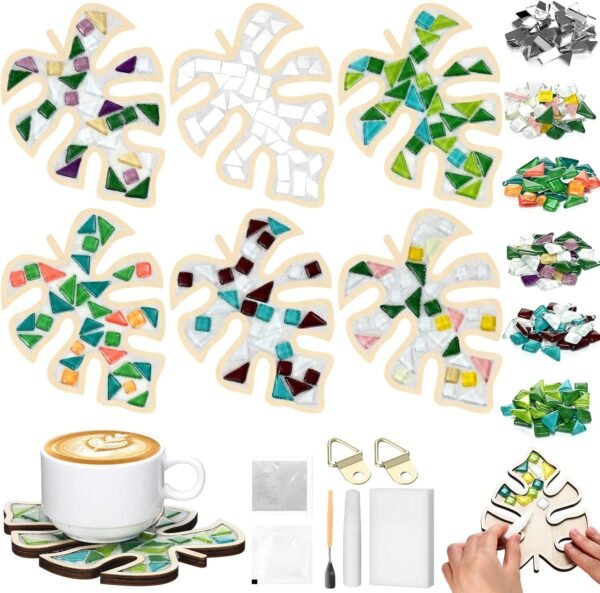 6 Sets DIY Leaves Glass Mosaic Tiles with 6 Sets Leaves Wooden Coasters Making Mosaic Crafts Materials Package Mixed Stained Glass Kit for Handmade Colourful Home Gifts Indoor Decor