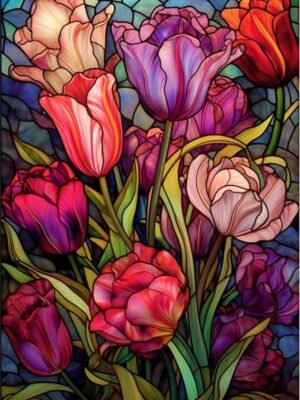 Tulips Diamond Art Painting Kits for Adults - Stained Glass Flower Round Full Drill Diamond Dots Paintings for Beginners, 5D Paint with Diamonds Pictures Gem Art Painting Kits DIY Crafts Project