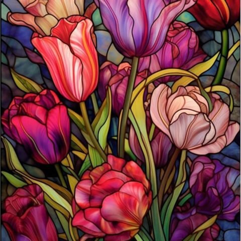 Tulips Diamond Art Painting Kits for Adults - Stained Glass Flower Round Full Drill Diamond Dots Paintings for Beginners, 5D Paint with Diamonds Pictures Gem Art Painting Kits DIY Crafts Project