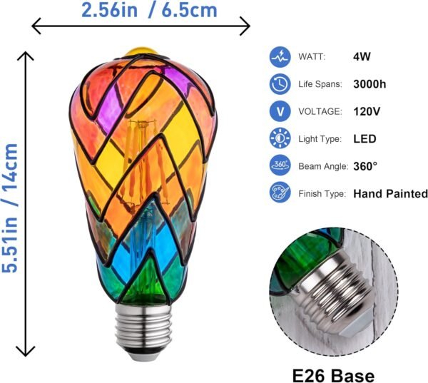 Stained Glass Light Bulb - Rainbow Painted Mosaic Bulb, 4W 120V, Multi-Colored Indoor, Fun Romantic and Unique Decorative Lighting