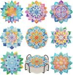 8 PCS Succulent Diamond Art Coasters with Holder, DIY Flowers Diamond Painting Coasters Kits for Adults, Non Slip Hardwood Bases Plants Mosaic Dot Painting Coaster Gift Set for Beginners 4x4 Inch