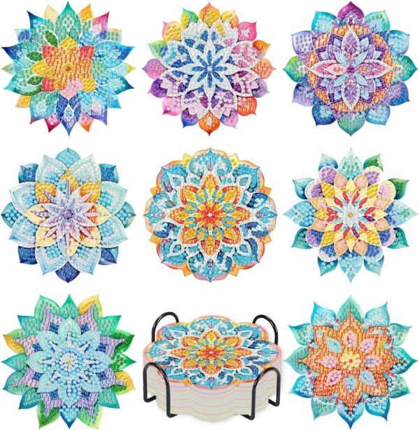 8 PCS Succulent Diamond Art Coasters with Holder, DIY Flowers Diamond Painting Coasters Kits for Adults, Non Slip Hardwood Bases Plants Mosaic Dot Painting Coaster Gift Set for Beginners 4x4 Inch