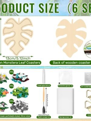 6 Sets DIY Leaves Glass Mosaic Tiles with 6 Sets Leaves Wooden Coasters Making Mosaic Crafts Materials Package Mixed Stained Glass Kit for Handmade Colourful Home Gifts Indoor Decor