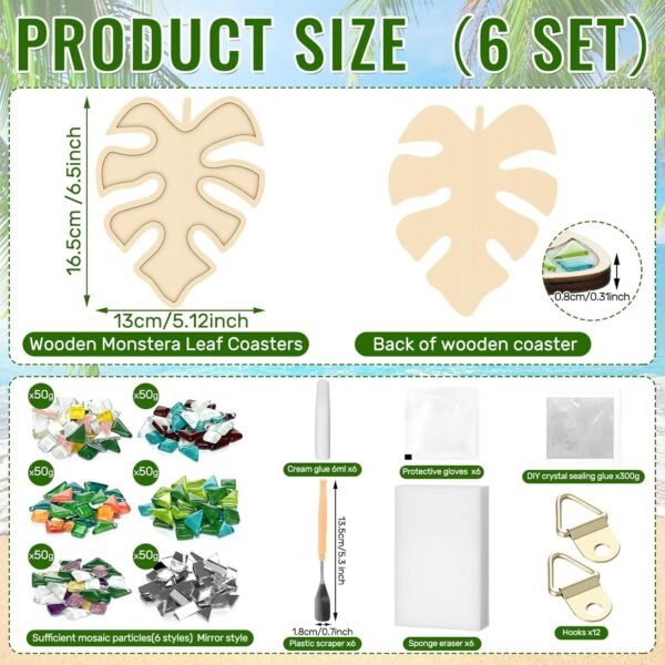 6 Sets DIY Leaves Glass Mosaic Tiles with 6 Sets Leaves Wooden Coasters Making Mosaic Crafts Materials Package Mixed Stained Glass Kit for Handmade Colourful Home Gifts Indoor Decor