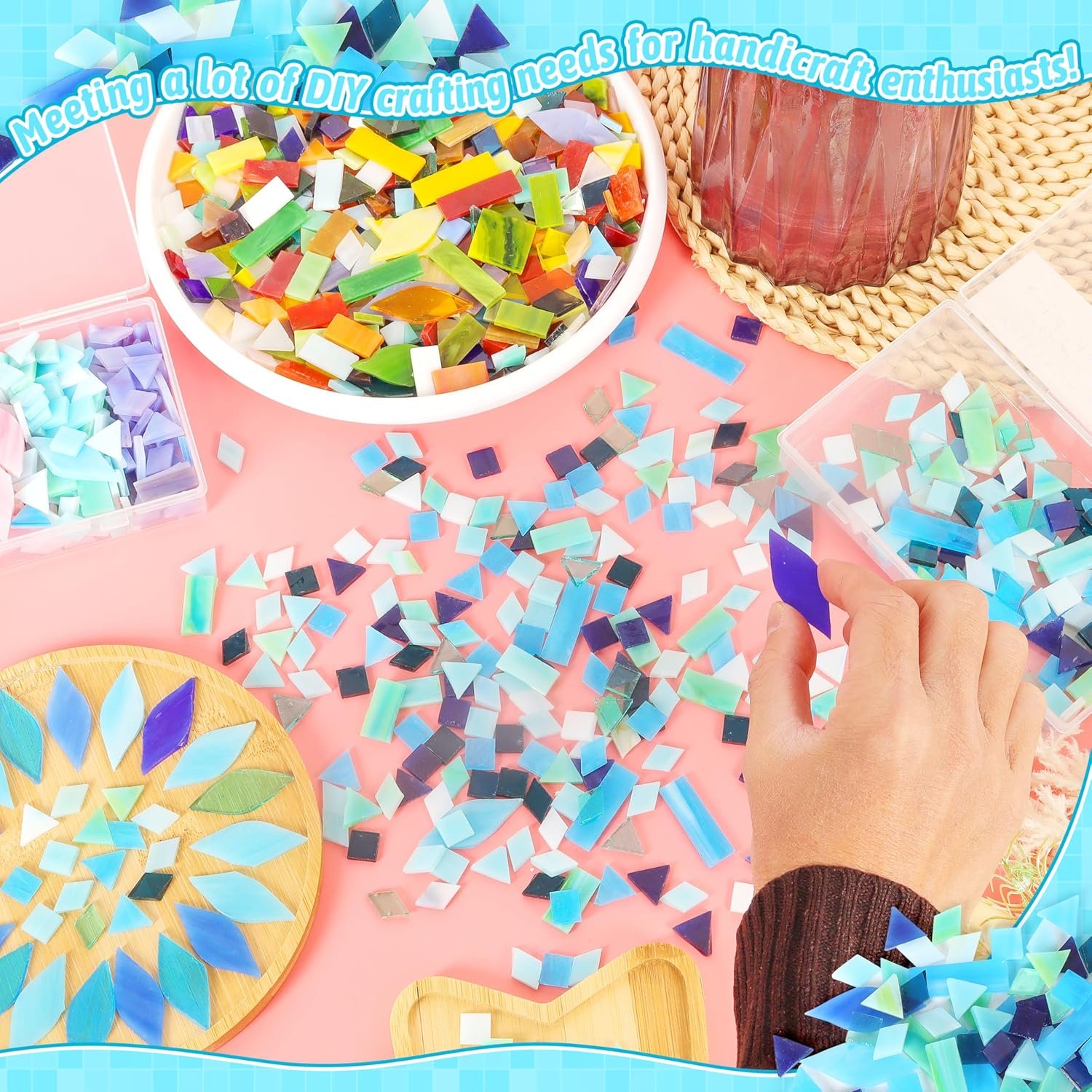 Glass Mosaic Tiles Pieces for Crafts: 320Pcs Bule Color Mixed 5 Shapes Stained Bulk Art Supplies for Making Decor Project DIY Lamp Vase Coaster Stepping Stone for Adults Beginners Mosaicist
