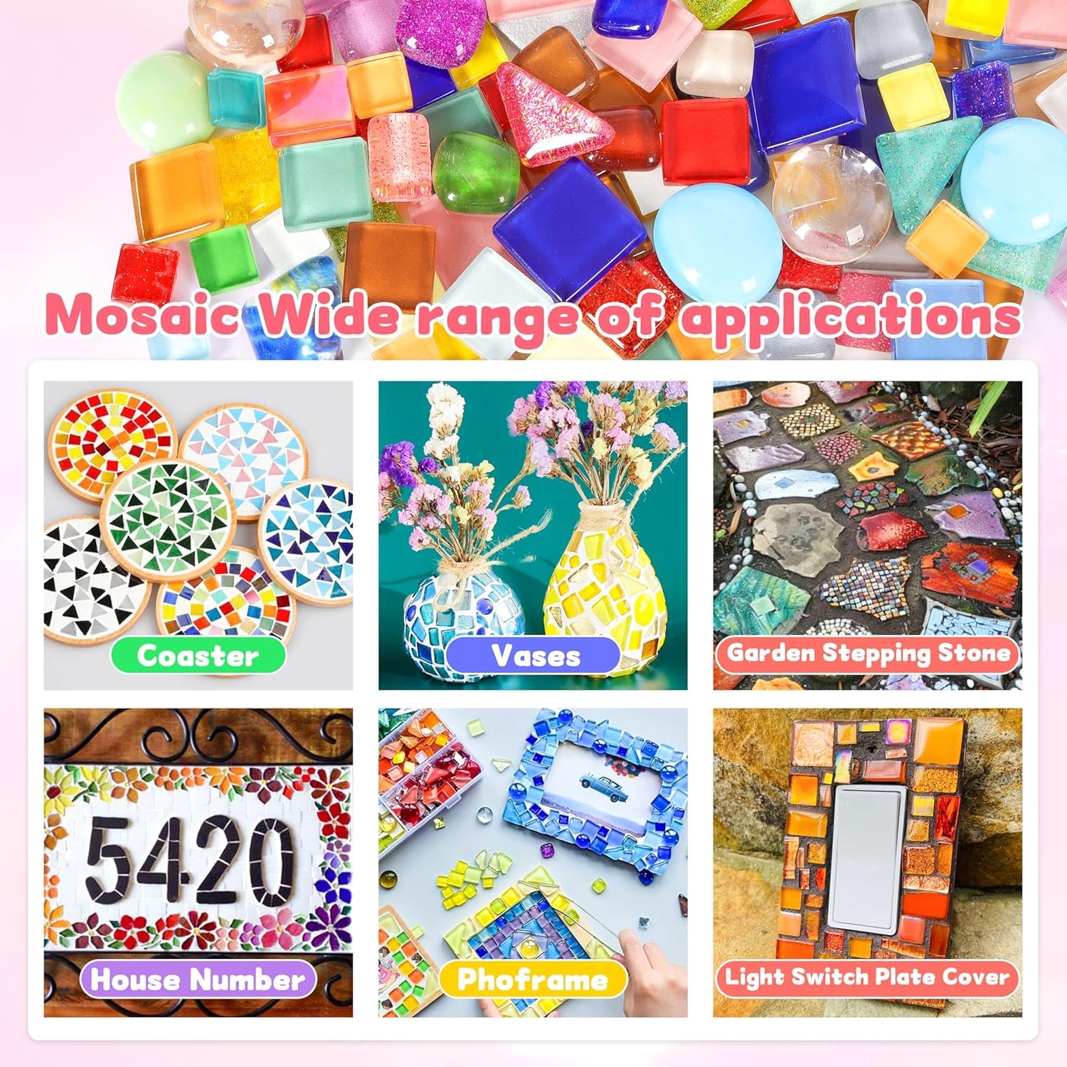 Glass Mosaic Tiles Crafts: 300 Pieces Iridescent Pre-Cut Crystal Tile for Garden Decor Stepping Stone Coasters Bird Bath DIY Project for Adults Mom and Kids Family Toddler Activities