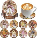 Gnome Diamond Art Kits - 8 Pcs Coffee Gnome Diamond Painting Coasters with Holder DIY Diamond Art Kits for Adults Gem Mosaic Diamond Art Costers for Adults Beginners Gift