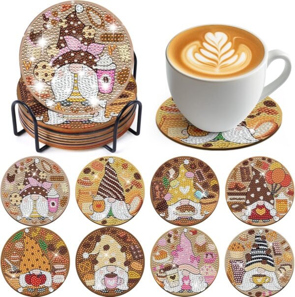 Gnome Diamond Art Kits - 8 Pcs Coffee Gnome Diamond Painting Coasters with Holder DIY Diamond Art Kits for Adults Gem Mosaic Diamond Art Costers for Adults Beginners Gift