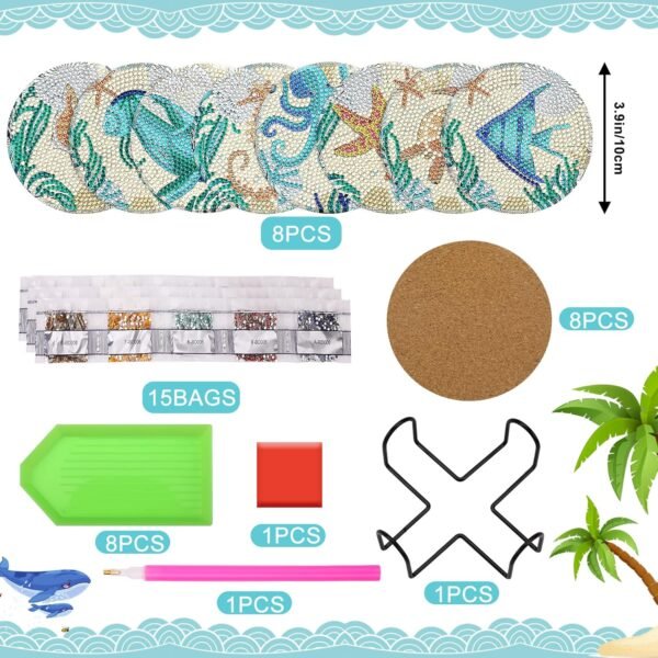 Ocean Diamond Art Painting Coaster Kit, 8Pcs DIY Crafts Kit with Holder, Non Slip Coaster Art Supplies for Adults, Ideal Christmas Gift