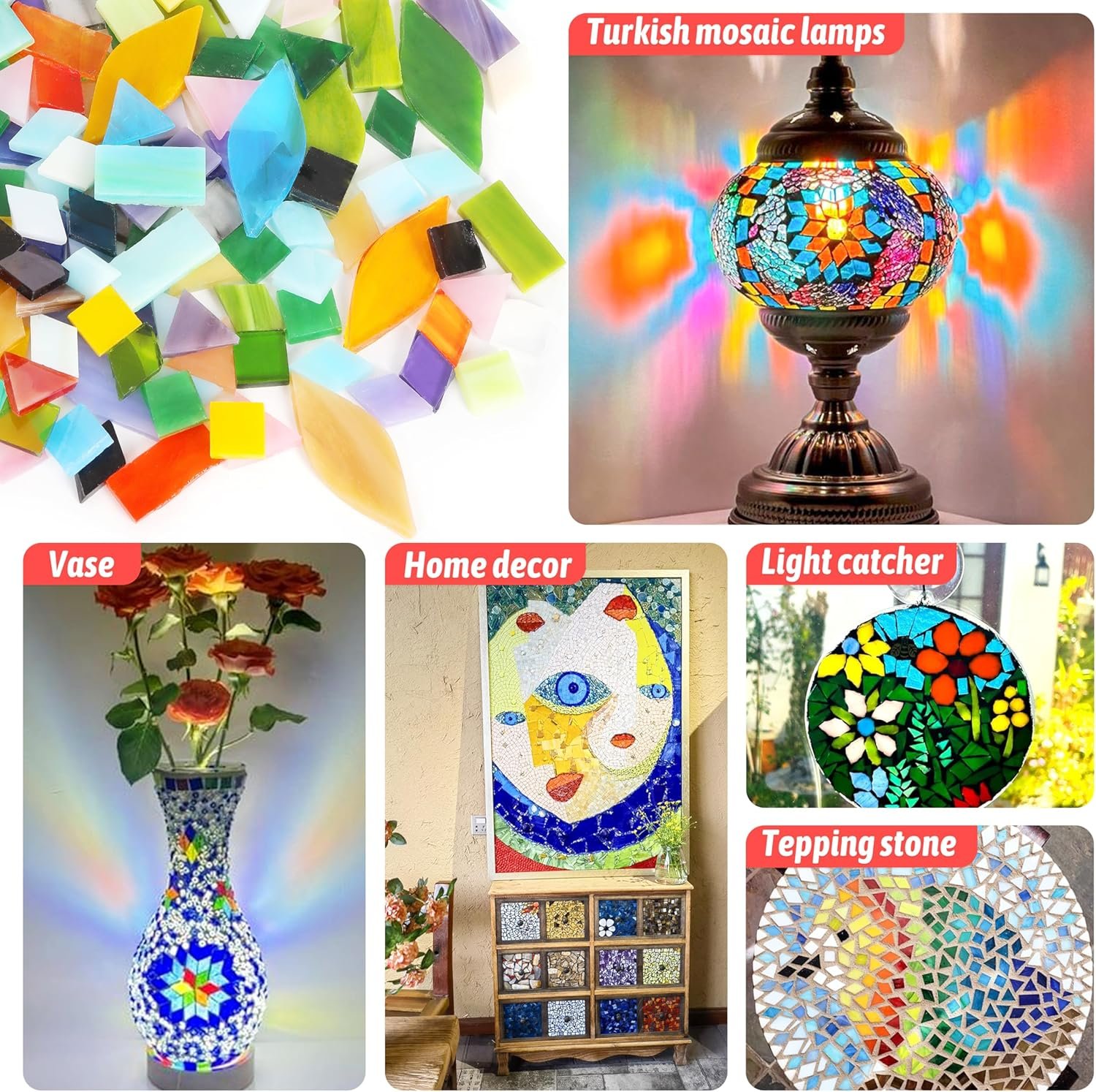 Mosaic Glass Pieces Tiles for Adults: 320Pcs Rainbow Color Mixed 5 Shapes Stained Glass Bulk for Beginner Artist - Mosaics Kit for Making Art Project Craft DIY Lamp Vase Coaster Stepping Stone